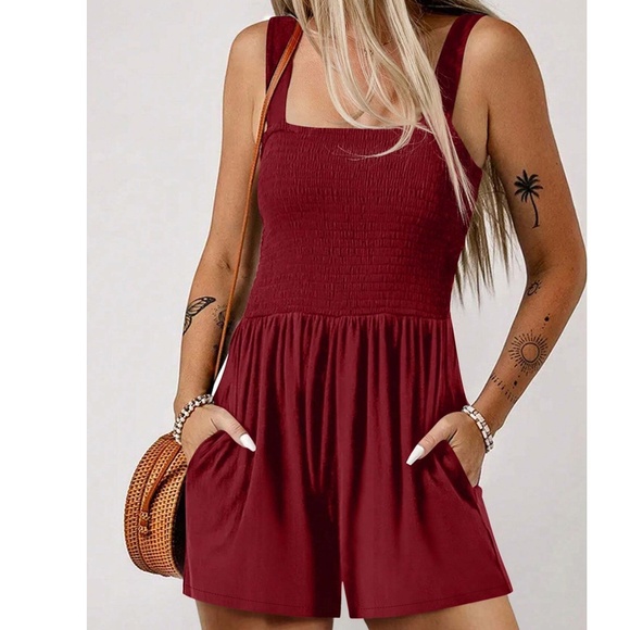 Boho Smocked Bodice Pockets Cami Solid Romper - Picture 3 of 7